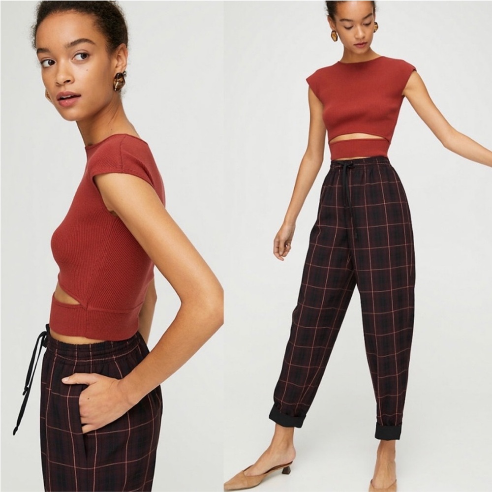 Aritzia Red and Black Plaid Trousers